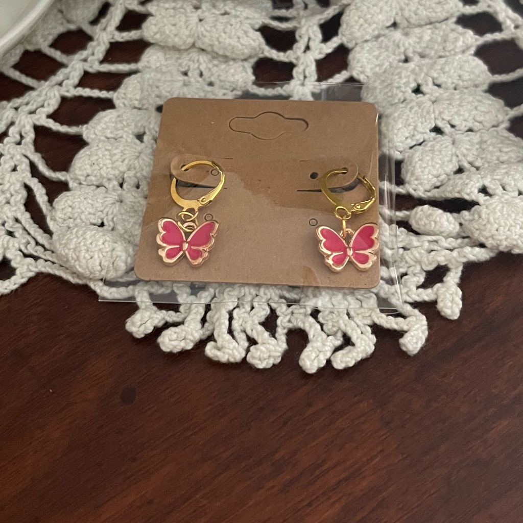 *3 For $20* Bright Pink And Gold Enamel Butterfly Huggie Hoop Earrings